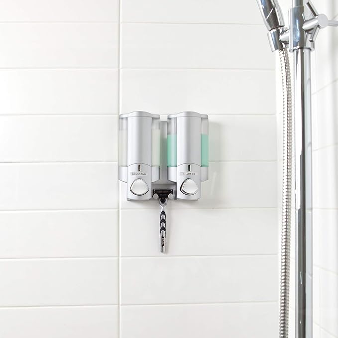 Better Living Aviva Shower Dispenser 2 Chamber, Wall Mount Shower Soap Dispenser for Bathroom Hotel Body Wash, Built-in Hooks, No Drill, Waterproof Shampoo Soap Dispenser, 2 x 11 oz, Satin Silver