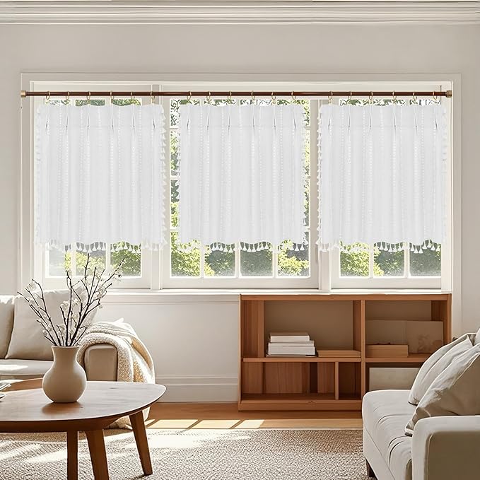 Boho Farmhouse Window Curtain with Tassels, 30 x 24 Inch Light Filtering Sheer Short Cafe Window Curtain Tier, White Linen Textured Pleated Small Window Drape for Kitchen or Bathroom, 1 Panel