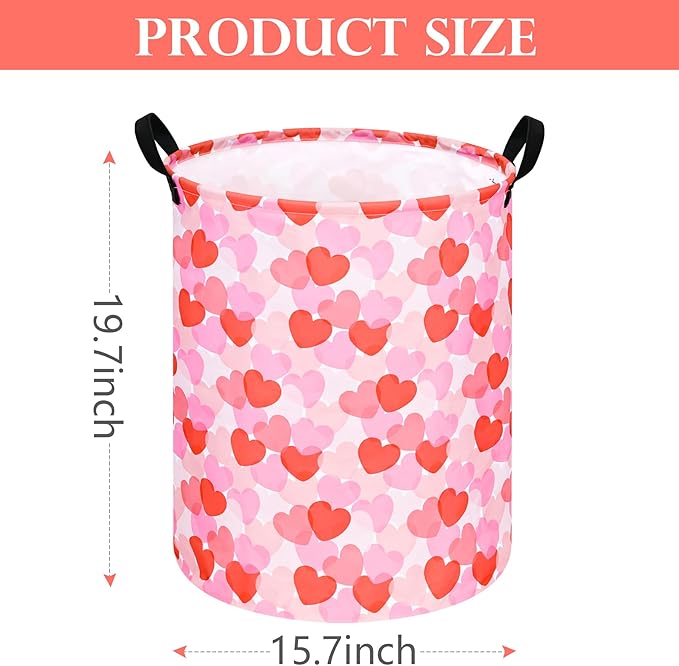 Round Valentine's Heart Pattern Laundry Hamper Clothes Storage Basket Fabric Storage Hamper Organization Storage Bin, Nursery Box,Gift Basket with Handles