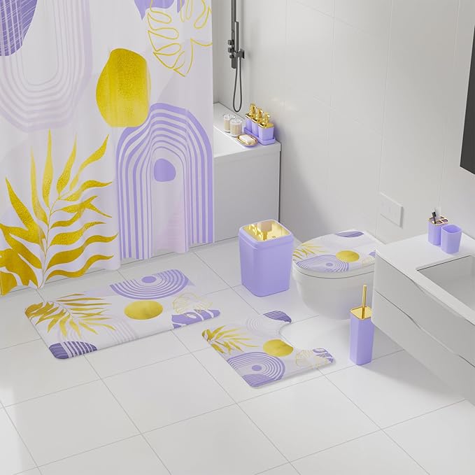Bathroom Accessories Set - 27PC Bathroom Sets with Shower Curtain and Rugs, Purple Bathroom Set, Purple Bathroom Accessory Set with Trash Can, Toilet Brush & 3 PC Soap Dispensers