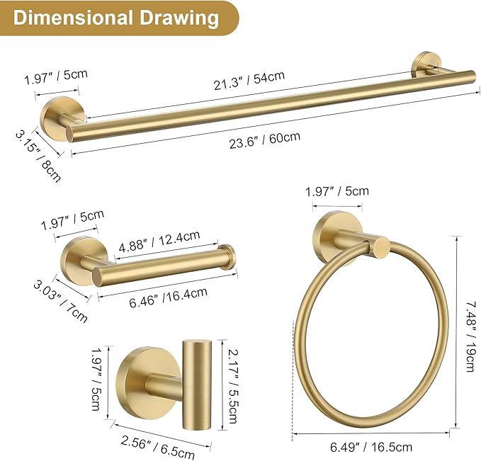 Lairuier 5 Pieces Brushed Gold Bathroom Accessories Set, 23.6 Inch Bath Towel Bar Set, SUS304 Stainless Steel Bathroom Hardware Set Round Toilet Paper Holder Set Wall Mounted