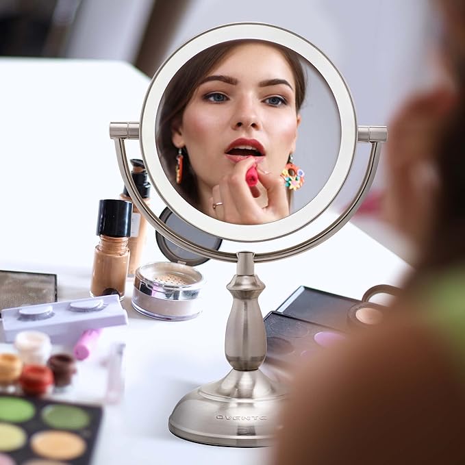 OVENTE 8" Lighted Tabletop Makeup Mirror with 1X/10X Magnification, Double Sided Vanity Mirror, 360° Swivel Design, 3-Tone Smart Touch Glow LED Lights with Auto Shut Off, Nickel Brushed MPT751BR1X10X