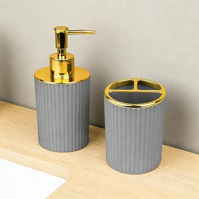 Bathroom Accessories Set, 2-Piece Gray & Gold Soap Dispenser & Toothbrush Holder, Modern ABS Vanity Organizer for Countertop, Minimalist Bathroom Decor