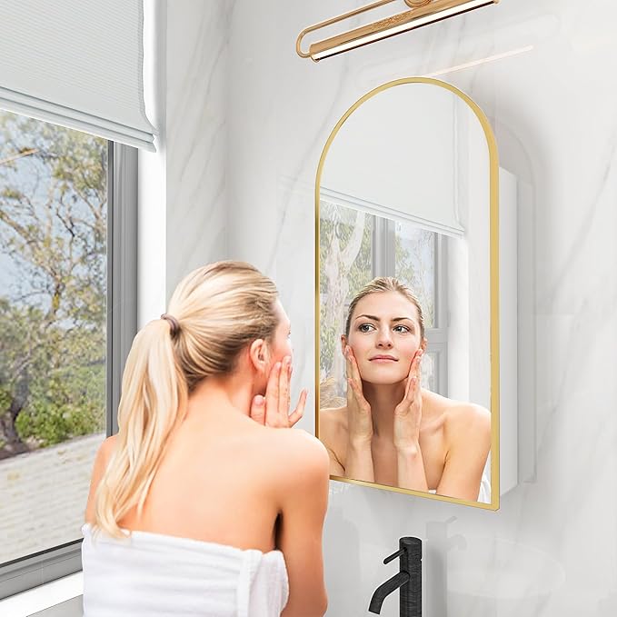 FKWin Arched Gold Bathroom Medicine Cabinet with Mirror, Left or Right Opening, Bathroom Mirror with Storage, Surface Mount Medicine Cabinet not Recessed, Gold, 15.7x31.5 inch