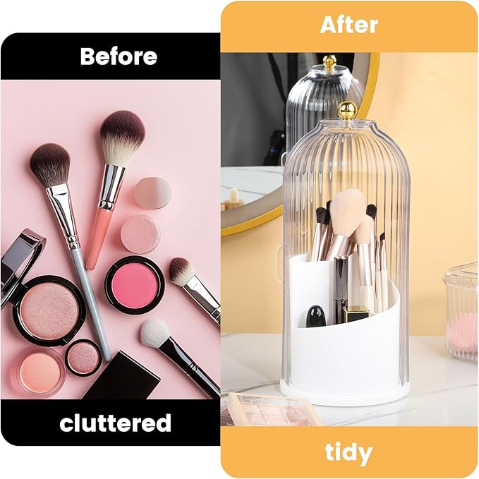 3 Tier Makeup Organizer with Clear Lid - 360° Rotating Protective Vanity Brush Holder for Bathroom Countertop White