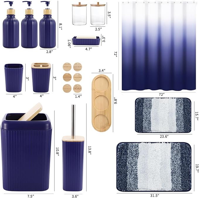XLHOMO 32PCS Bathroom Sets with Shower Curtain and Rugs Navy Blue Shower Curtain Set 3PCS Soap Dispenser Bathroom Accessories with Bathroom Trash Can