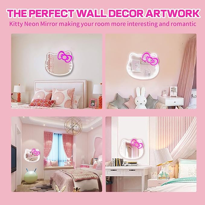 MCJSGSP Anime Hello Kit Cat Neon Sign Mirror 12 * 9.5 inch Vanity Mirror with Lights Bedroom Wall Mirror for Pink Room Decor and a Makeup Mirror with Lights Teen Girl Gifts