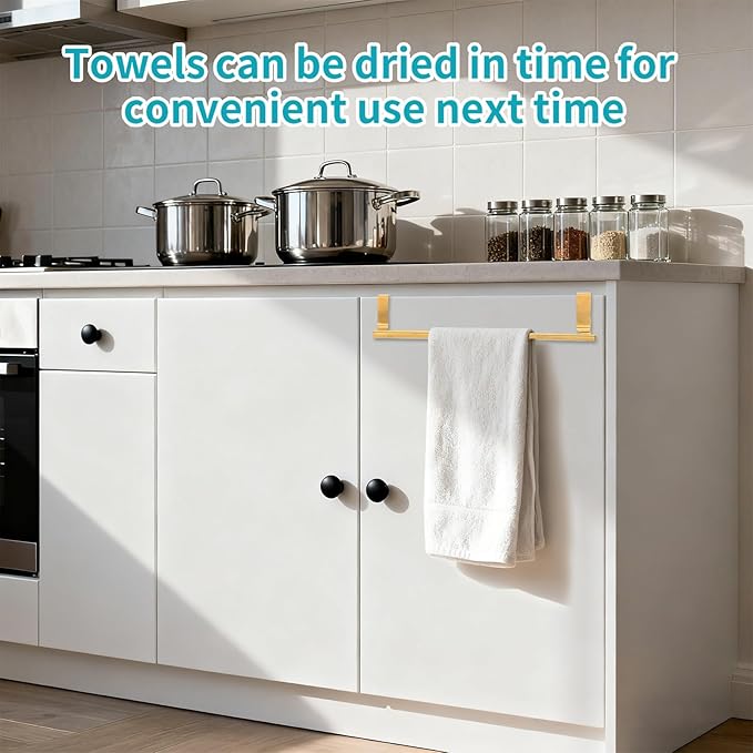 Over Cabinet Towel Holder, Stainless Steel Adjustable Length Over Cabinet Door Kitchen Towel Bar. Dish Towel Holder Hanger Suitable for Cupboard,Door,Cabinet,Laundry. Gold