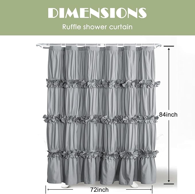 Victorian Ruffle Shower Curtain, Vintage Handcrafted Bow Tie Bath Curtain for Master Bathroom, Ruched Microfiber Bathroom Curtain with 12 Buttonholes, 72" W x 84" H, Gray (LQ-10)