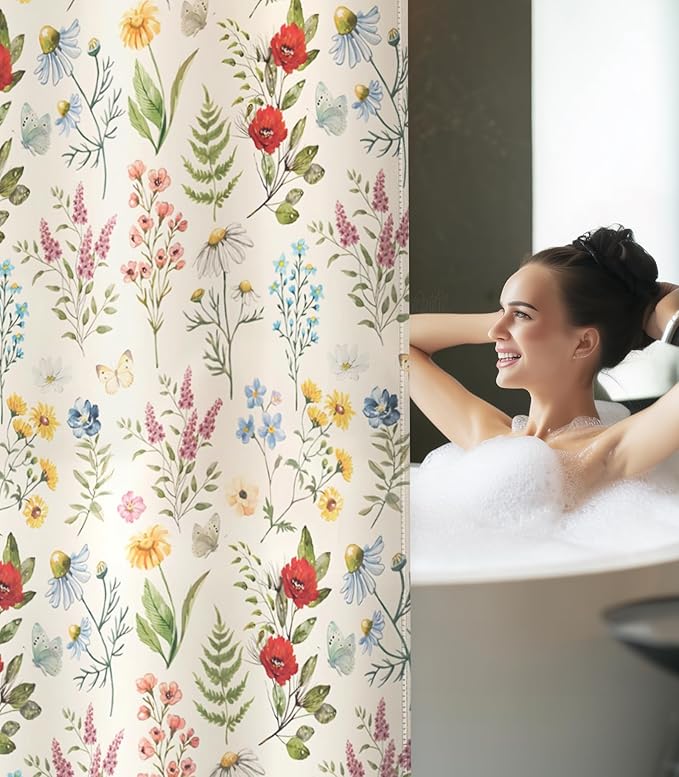 MAMUSE Shower Curtain for Bathroom - Cute Aesthetic Decorative Modern Girly Unique Girls Design Pretty Women Waterproof Fabric Cloth Cortinas de Baño Bathtub 72 x 72 Inch, Plant Flower