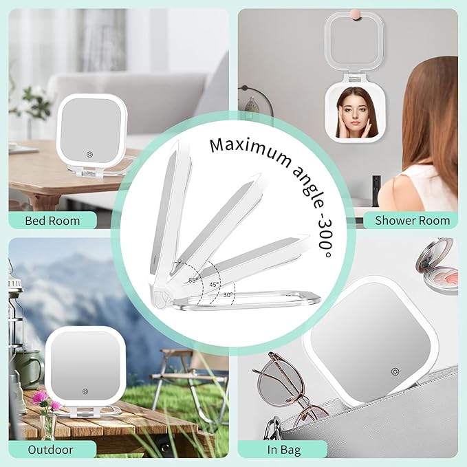 FASCINATE Rechargeable Travel Makeup Mirror 30X Magnification, 7" Lighted Portable Vanity Mirror with 3 Colors Lighting & Stepless Dimming, Double Sided LED Mirror, Gift for Women (White)