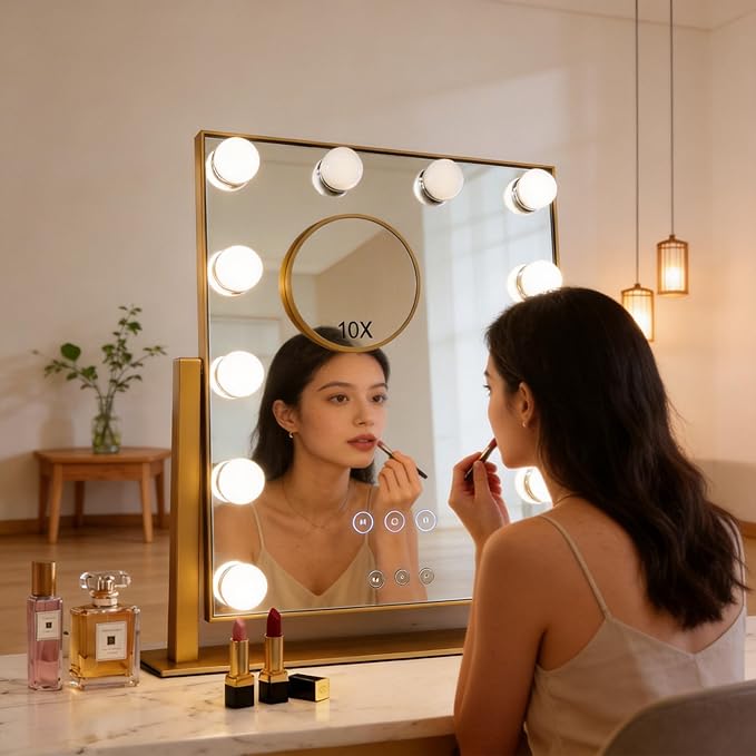 Makeup Vanity Mirror with Lights LED Makeup Mirror Detachable 10X Magnification, Hollywood Make Up Mirror with Lighting, Smart Touch, Rechargeable,360° Rotation, Gold 17.12"x13.77"
