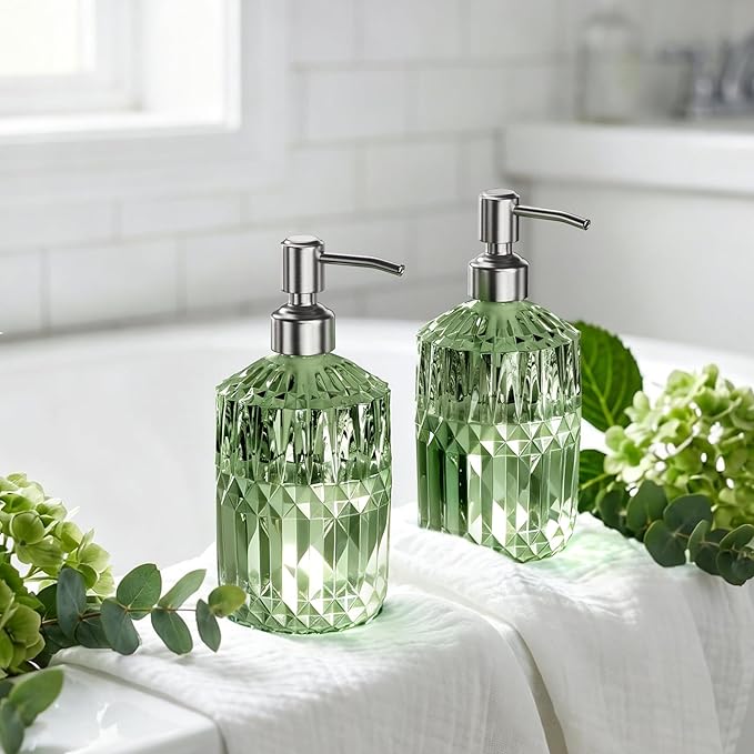 AmazerBath Soap Dispenser, Green Glass Soap Dispenser with Pump Stainless Steel, 14.2OZ Refillable Hand Bottles Bathroom Kitchen, 1 Pack