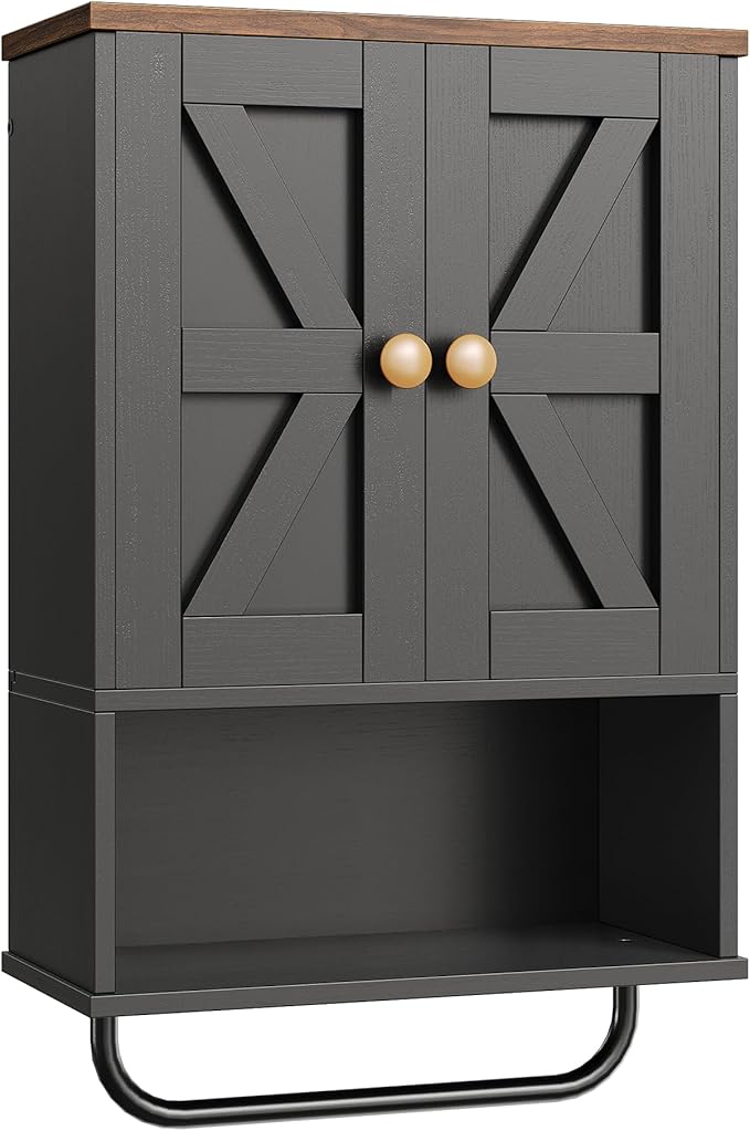 CHOEZON Bathroom Wall Cabinet, Medicine Cabinet with Open Partition and Towel Bar, Rustic Storage Cabinet with Open and Hidden Storage Space, for Bathroom, Living Room, Kitchen, Black and Walnut