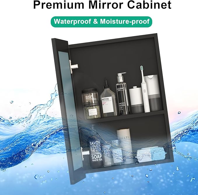 18x14 Inch Bathroom Medicine Cabinet with Mirror, Pre-Assembled Bathroom Medicine Cabinets, Surface/Recessed Wall Mounted Farmhouse Large Medicine Cabinet, Black