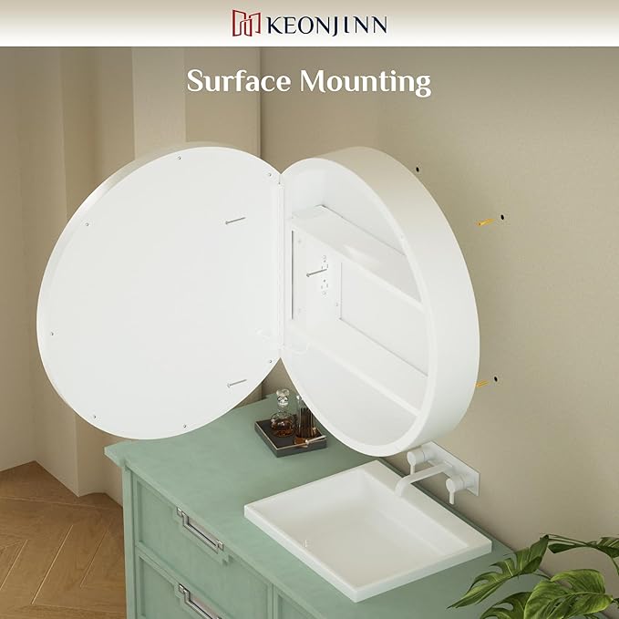 Keonjinn Round LED Medicine Cabinet 24 Inch, White Lighted Medicine Cabinet for Bathroom with Mirror, Circle, Electrical Outlet, 3 Color Lights, Anti-Fog, Dimmable, Surface Mount Only