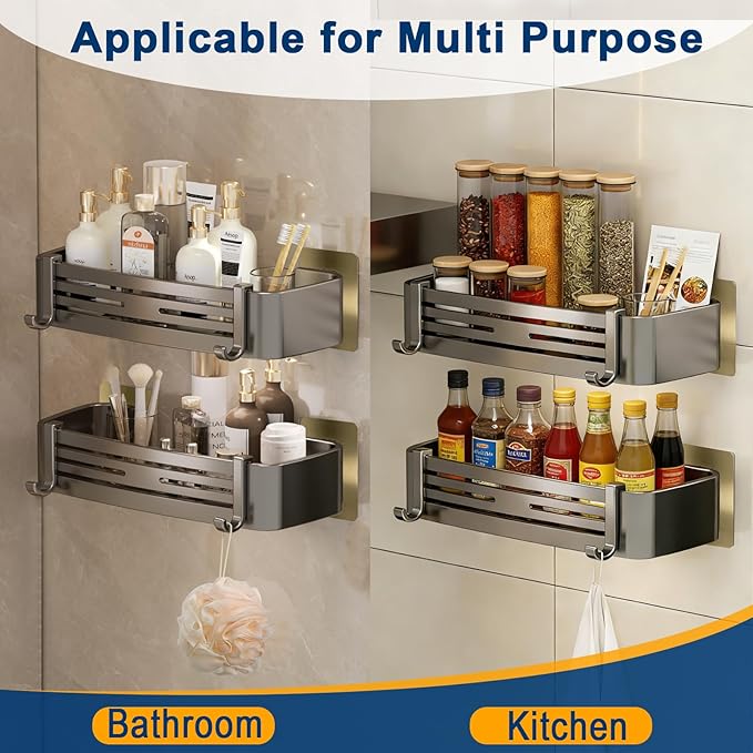 Shower Caddy, Adhesive Bathroom Shower Corner Organizer Shelves with Hooks, No Drilling Shower Shelves Organizer for Bathroom Kitchen 2 Pack