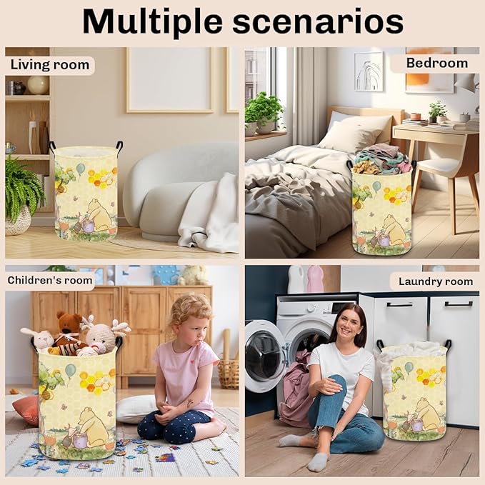 Greatingreat Winnie Foldable Laundry Hamper, Circular Canvas Storage Basket with PE Coating, Collapsible Clothes Organizer for Home, Nursery, and Bedroom (Yellow)