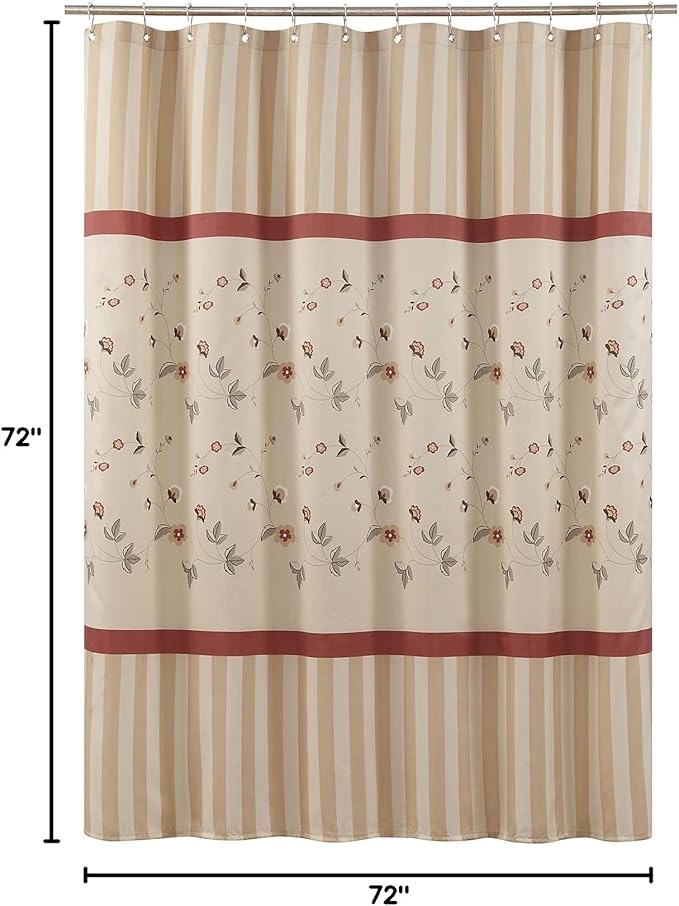 Fabric Floral Shower Curtain, Beige Striped Flower Shower Curtains for Bathroom, Waterproof Bathroom Curtains, 72" W x 72" H