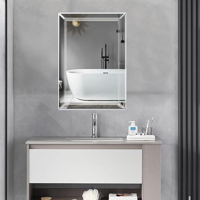 Frameless Bathroom Medicine Cabinet with Beveled Edge Mirror,Surface/Recessed Mount Vanity Storage Cabinet for Bathroom,24x36 Inch