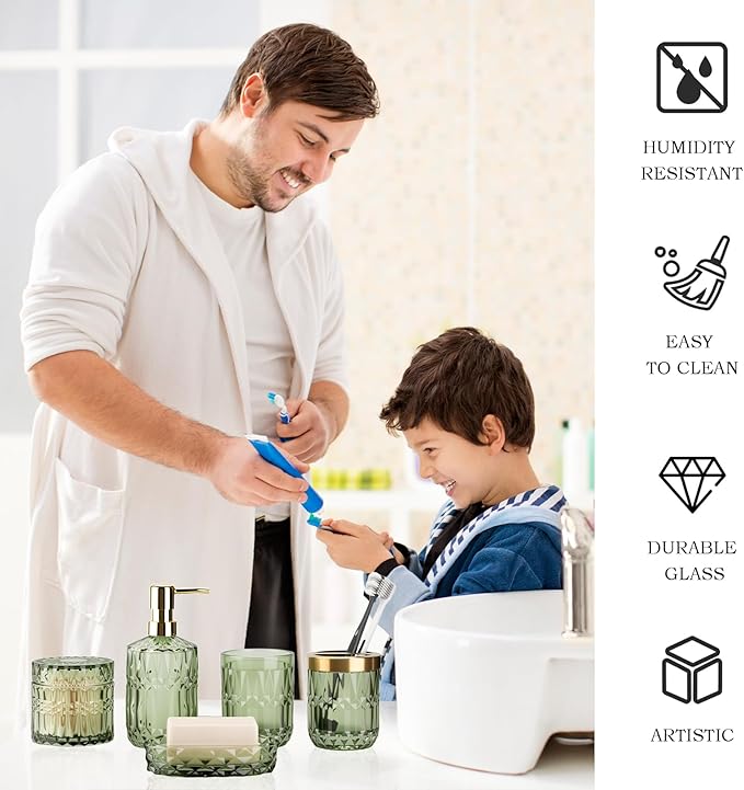 Green Bathroom Accessories Set, 5Pack Clear Glass Bathroom Accessories, Includes Lotion Soap Dispenser, Toothbrush Holder, Qtip Holder and Soap Dish, Vintage Bathroom Décor