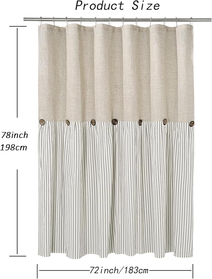 DOSLY Ides Farmhouse Shower Curtain, Beige and Gray Stripe, Button Curtain, Linen and Cotton Woven Fabric, Rustic Charm Country Chic Style, 72x78 in