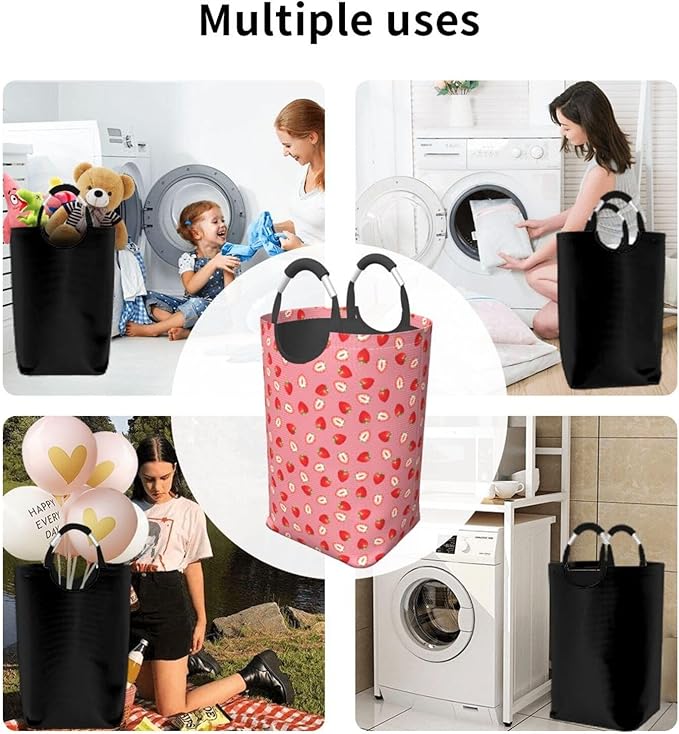 Strawberry Laundry Basket Cute Fruits Laundry Hamper Pink Strawberries Collapsible Laundry Baskets with Handle Dirty Clothes Hamper Bag for Dorm Family Bathroom Decor Storage 50L