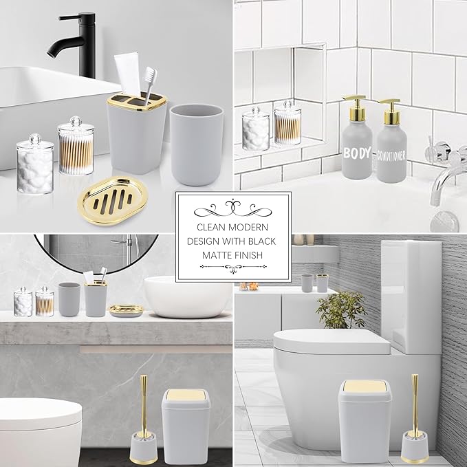 XLHOMO Grey and Gold Bathroom Accessories Set - 10 Piece Bathroom Sets with Trash Can and Toilet Brush, Soap Dispenser, Toothbrush Holder and Cup, Soap Dish, Qtip Holder, for Housewarming Present