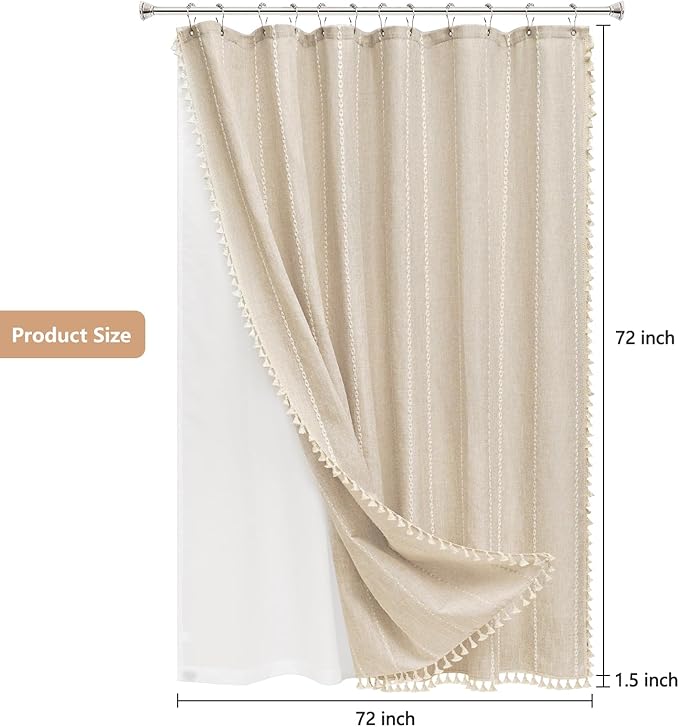 Boho Farmhouse Shower Curtain and Fabric Liner Set, Heavyweight Linen Textured Fabric Shower Curtain Beige with Tassels, 2 in 1 Waterproof Fabric Shower Curtain Set for Bathroom, 72x72 Inch