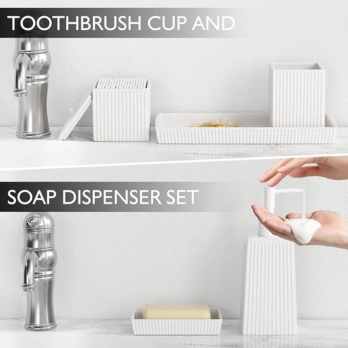 XLHOMO Bathroom Set - White Bathroom Accessories Set, 5PCS Ceramic Bathroom Accessory Set, Bathroom Sets with Soap Dispenser, Toothbrush Tumbler, Soap Dish, Q-tip Holder & Vanity Tray