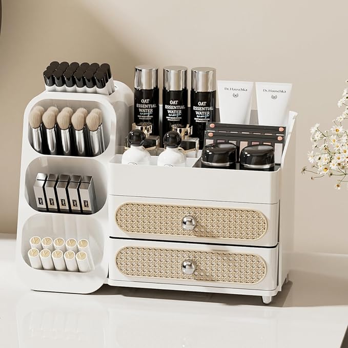 Booklov Makeup Organizer for Vanity, Large Capacity Cosmetic Display Case with Drawers, Countertop Beauty Storage Holder for Skincare, Brush Eyeliner Perfume Eyeshadow Lipsticks, Counter Desk, White