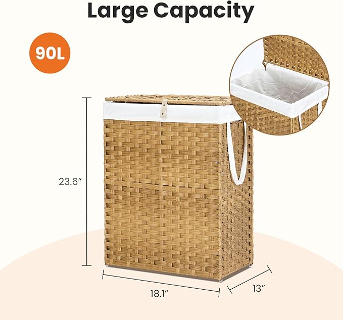 DUMOS Woven Laundry Basket with Lid, Large Capacity Hamper, Removable & Machine-Washable Liner, Foldable Rattan Clothes Hamper, Sturdy Steel Frame, Odor Control, Goose Yellow (24 Gallon)