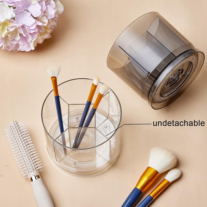 Makeup Brush Holder Organizer -Rotating 360?? Clear Storage Cup Containers for Vanity, Desk, Countertop, Spinning Pen Holder for Desk, Round Make up Brush Stand with 5 Slots, for Cosmestics (Grey)