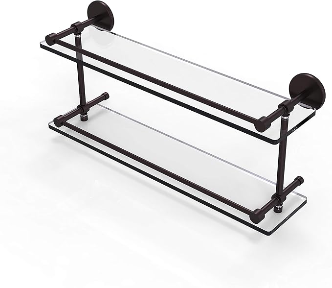 Allied Brass P1000-2/22-GAL-ABZ P 1000 2 Gal Inch Tempered Double Gallery Rail Glass Shelf, 22 Inch, Antique Bronze