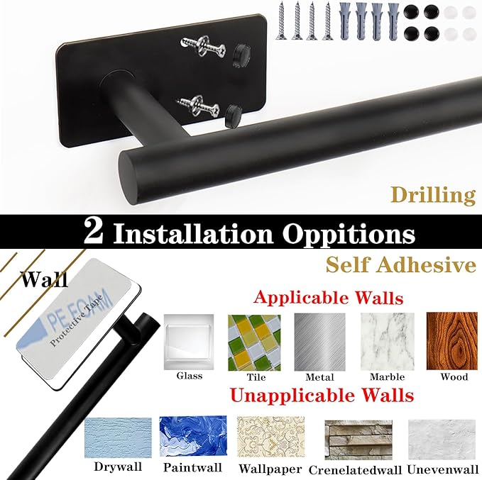 Self Adhesive Bath Towel Bar, Stainless Steel Towel Racks for Bathroom Sticky & Wall Mounted Install Towel Holder,Heavy Duty Towel Rod Rustproof Towel Hanger for Bathroom(Brushed Nickel,24In)