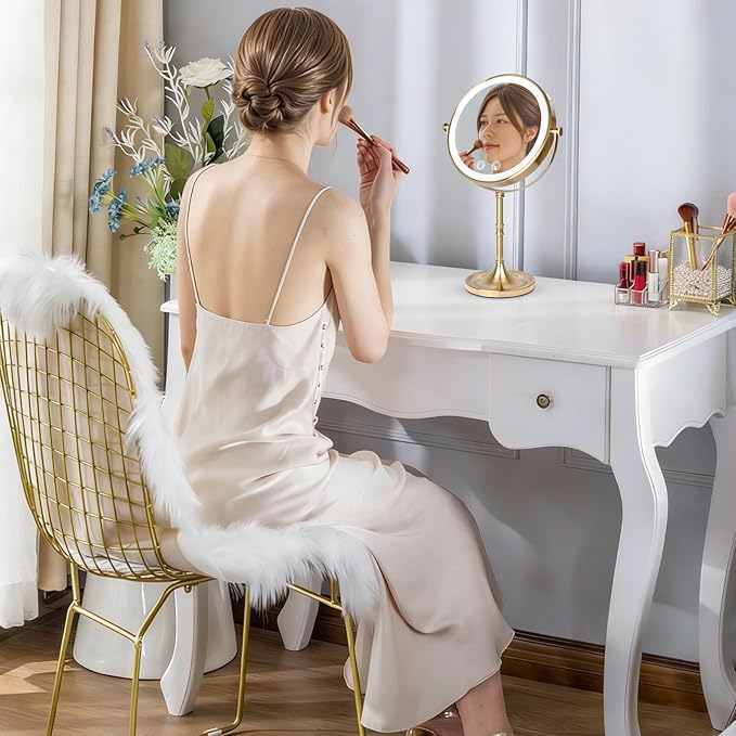 Vanity Mirror with Lights,4000mAh Rechargeable Double Sided Magnifying Mirror with 3 Colors Adjustable,1x/10x Lighted Makeup Mirror,360°Rotation Touch Screen with Memory Function,Gold