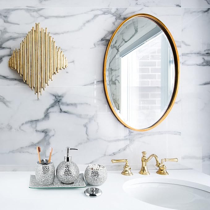 Mosaic Glass Bathroom Accessories Set, Modern Luxury Bath Ensemble, Includes Soap Dispenser & Cotton Swab Jar & Toothbrush Holder & Vanity Tray (Shiny Silver)