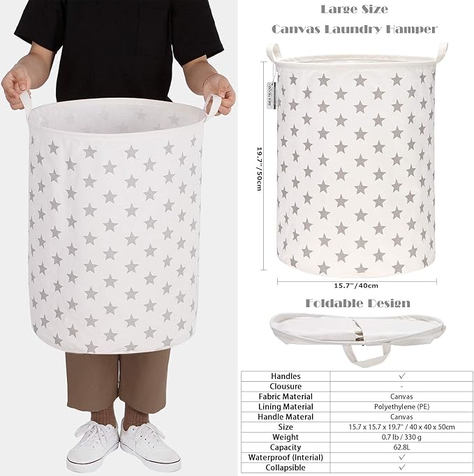 Sea Team 19.7 Inches Large Sized Waterproof Coating Ramie Cotton Fabric Folding Laundry Hamper Bucket Cylindric Burlap Canvas Storage Basket with Stylish Stars Design (19.7", Grey Star)