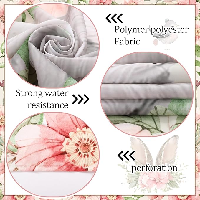 Rtteri 4 Pcs Easter Shower Curtains for Bathroom, Easter Bathroom Decor with Non-Slip Rugs Toilet Lid Cover and Bath Mat Bunny Curtain Decor Set with 12 Hooks(Bunny)