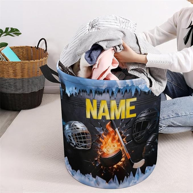 Personalized Ice Hockey Laundry Hamper Custom Name Funny Dirty Clothes Laundry Basket Portable Storage Basket For Home Bathroom Family Hockey Lovers Xmas Birthday (style 21)