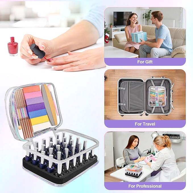 Beloving Nail Polish Organizer, Clear Double Tier Nail Storage Organizer Case Holds 30 Bottles, Portable PVC Nail Tech Bag with Dividers, Nail Polish Supplies Travel Case for Display