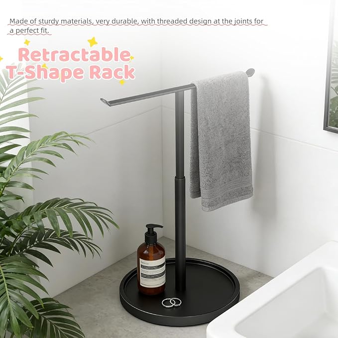 Hand Towel Holder Stand for Bathroom Countertop, Black T-Shape Towel Rack Free Standing, 16.5 Inch Adjustable Retractable, Stainless Steel Freestanding for Kitchen Bedroom Counter Organizer Waterproof