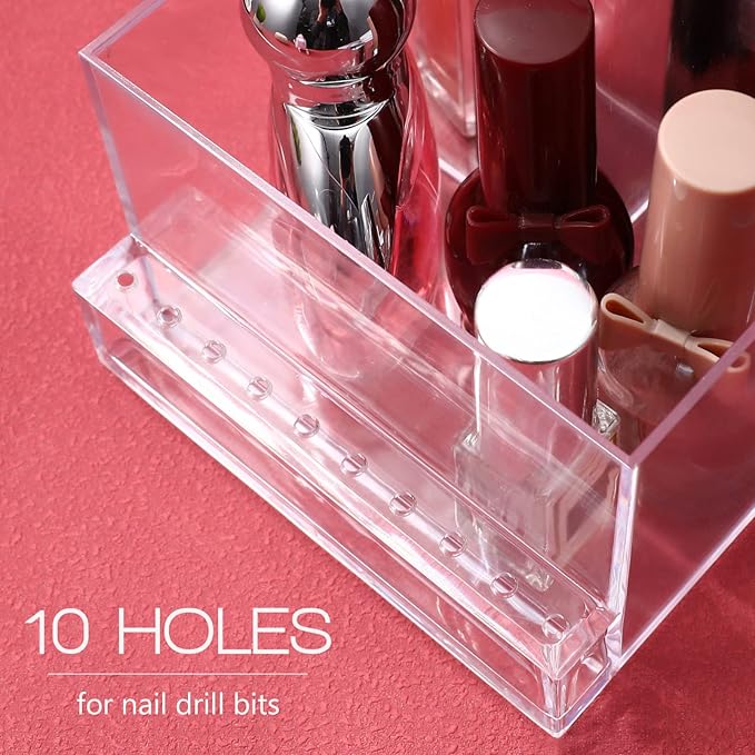 FRCOLOR Nail Drill Bits Holder Stand Display Organizer 10 Holes Transparent Storage Box for Nail Art Polishing Grinding Drill Bit 4.1inch