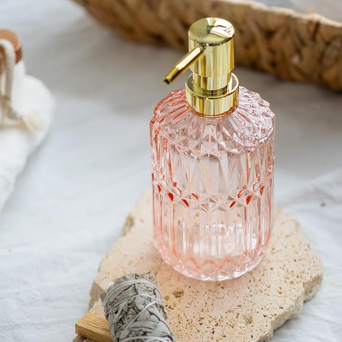 EMPO 6PCS Bathroom Clear Glass Accessories Set (Lotion Soap Dispenser, Soap Dish, Toothbrush Holder, Tumbler, Cotton Swab Jar), Contemporary Modern Decor Crystal Vintage Gift (6pcs Light Pink)