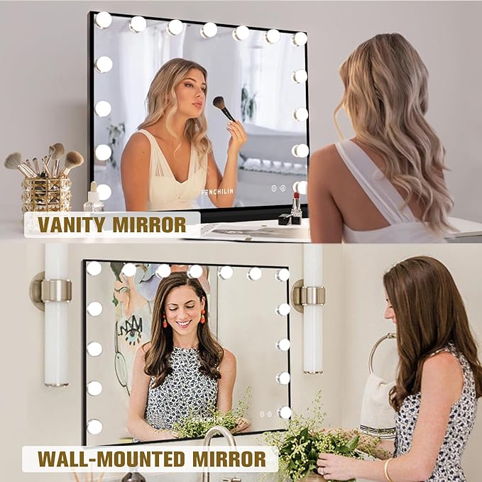 FENCHILIN Hollywood Vanity Mirror with Lights and Bluetooth Speaker Makeup with 15 Dimmable Lighted LED Bulbs Tabletop or Wall-Mounted for Dressing Room Bedroom