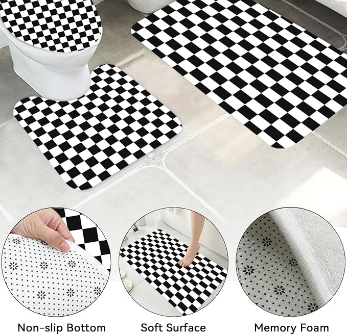 4 PCS Checkered Shower Curtain Sets Fun Gingham Bathroom Sets Soft Non Slip Bath Rugs Toilet Cover U-Shaped Mat Retro Bright Waterproof Shower Curtains with 12 Hooks for Tub Toilet, Black