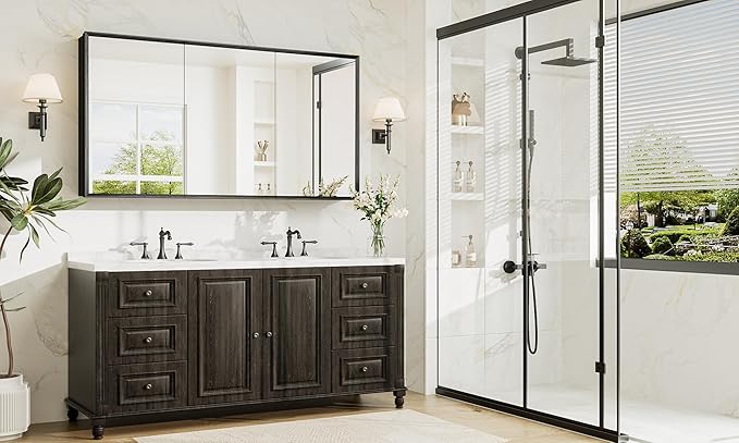 TokeShimi 60 x 32 Black Recessed Medicine Cabinet with Mirror, Assembly Required, Bathroom Medicine Cabinet with Mirror, Stepless Adjustable Shelves, Beveled Aluminum Frame, DTC Hinge