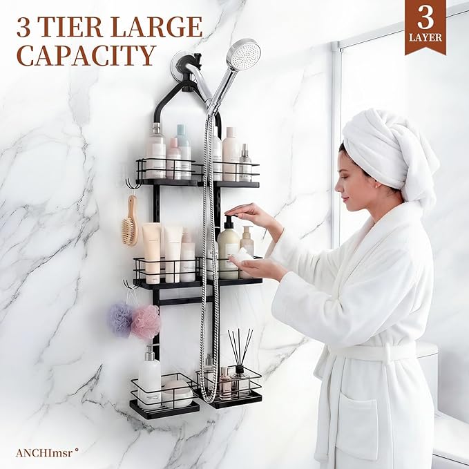Adjustable Hanging Shower Caddy for Handheld Showerhead, 3-Tier Rustproof Shower Rack Baskets, Anti-Swing Hanging Shower Organizer for Bathroom Storage with 2 S-Hooks, Large Capacity, Black
