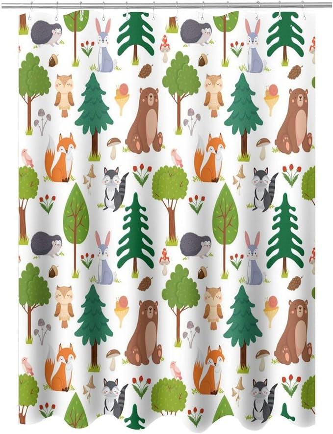Kids Baby Woodland Shower Curtain Animals Cartoon Girls Children's Cute Cartoon Funny Colorful Weeds Plants Fox Waterproof Fabric Bathroom Decor 66x72 Inches(168x183cm), Style-12