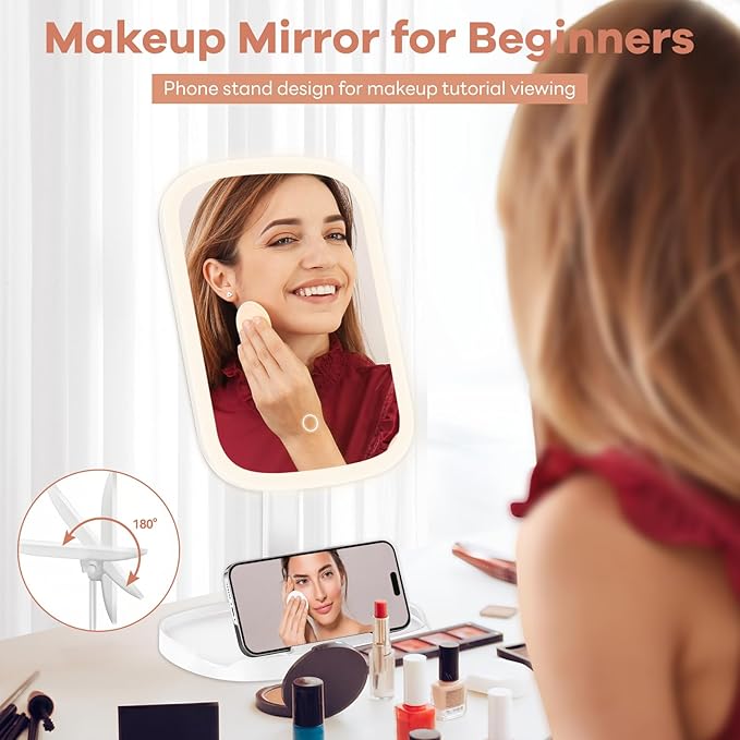 Makeup Mirror Vanity with Lights, Rechargeable Vanity Mirror with 3 Color Light, Adjustable Brightness, 360° Degree Rotation, Makeup Mirror for Beginners, Gifts for Women (Beige)
